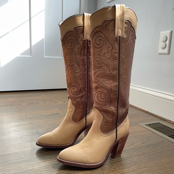 FRYE Metallic Gold Stitched Knee High Western Festival Cowboy Boots - Picture 2 of 15